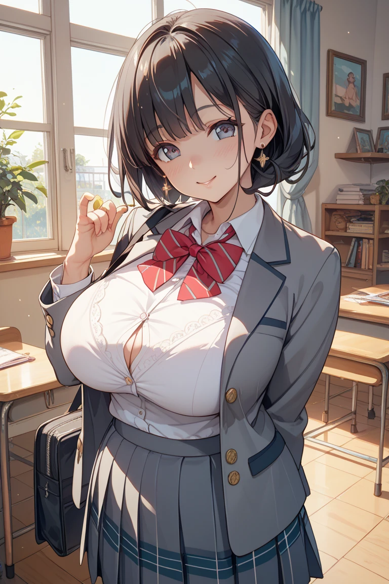 loose school uniform is sheer, button gap,(covered nipples:0.95),breasts,red white gold uniform,(button gap:1.5), white skirt, white top, red ribbon, golden buttons, golden shoulder pats, young adult, 19 years, brown bobcut hair, brown eyes, beautiful brown eyes, big breast, striking body curves, horny smile, pink lips, tiny girl, cute pose, masterpiece, classroom background, school