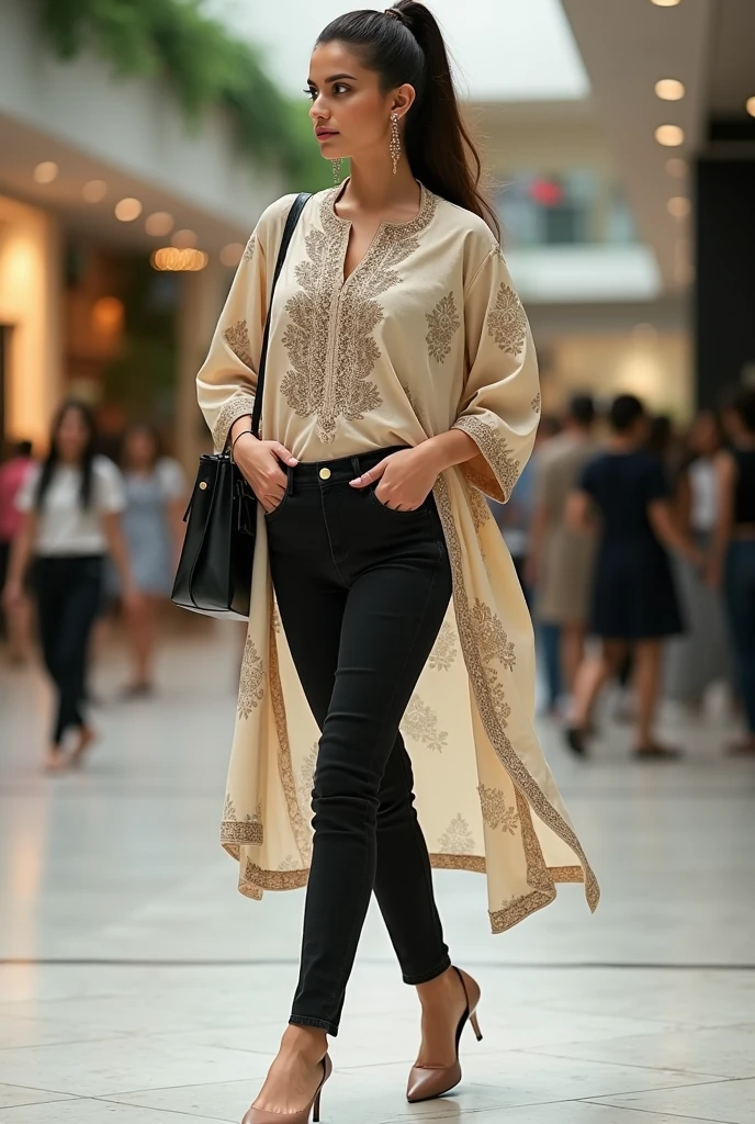 Generate a realistic, human-captured image of a person wearing a shift dress with a cardigan paired with black tights. The background should feature a famous site, like the Pyramids of Giza.