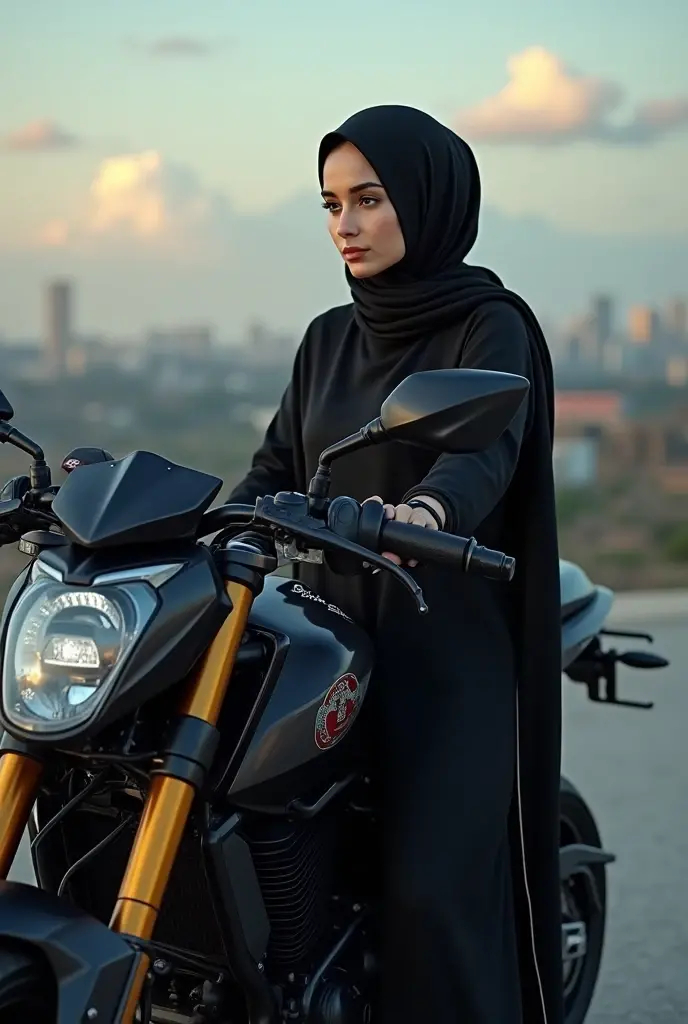 1girl, beautiful 17 year old Arabian girl model, white skin, sharp nose, thin lips, oval face, slender body, voluptuous breast, off shoulder hijab, glasses, veil, arm sleeve, golden bangles, bracelets, necklaces, watch, riding motorbike, racing, garage, (best quality,4k,8k,highres,masterpiece:1.2),ultra-detailed,(realistic,photorealistic,photo-realistic:1.37),studio lighting,vivid colors,professional
