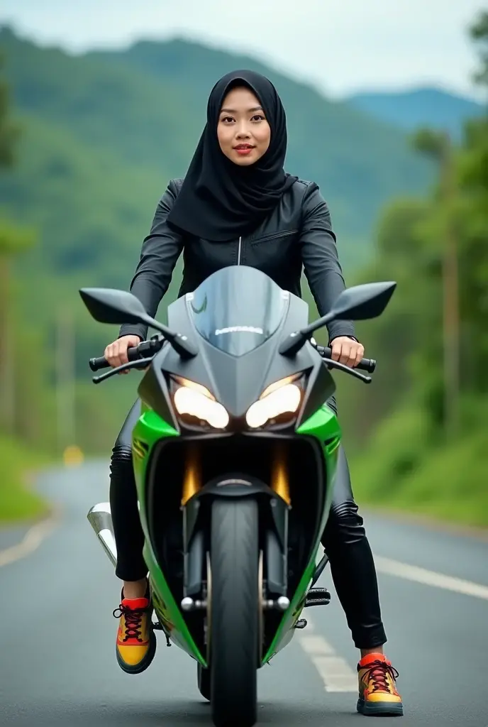 a beautiful woman aged 20 years typical of Indonesia wearing a hijab wearing a black jacket shiny pants cool shoes riding a motorcycle ninja kawasaki 4 not on the asphalt road cool background