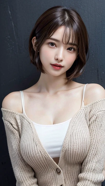 ((highest quality、Masterpiece、High resolution))、(((Zoom photo of upper body)))、(A shy smile:1.2)、One woman、Beautiful Skin、Beautiful Eyes、Big Breasts、sweater、Black Hair、Trimmed bangs、short hair