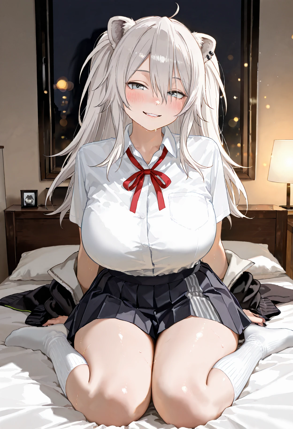 Confused, High resolution, Very detailed), 1 female, Silver Hair, Long Hair, Reddish brown eyes, Nude, nipple, pussy, Large Breasts, Thin legs, spread legs, secretary, Low Ponytail, 24th generation, Beautiful woman, mature, quiet, Calm, A small smile, (pussy juice), vaginale, sofa,