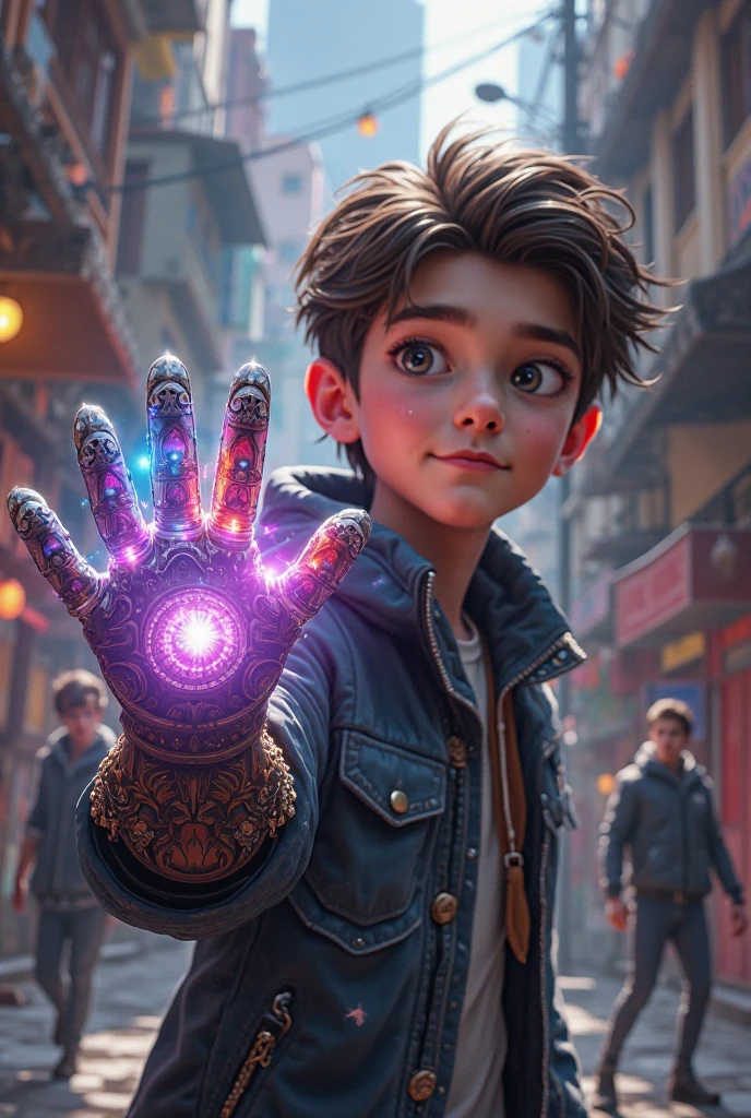 Teenager boy, clear skin, chinese hair, medium high, Dark brown eyes and a copper glove on his right hand with 6 infinity gems, the day, household, green, yellow, blue and orange
