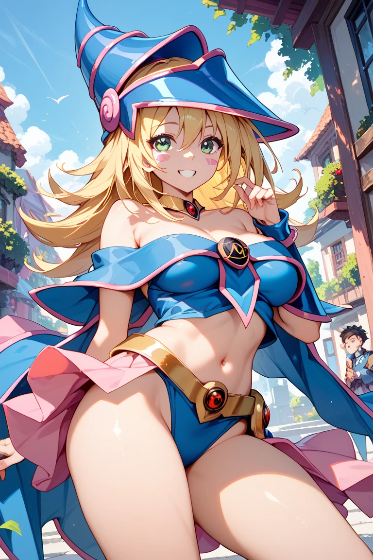 (Masterpiece, Top quality: 1.5), nsfw, (Dark Magician Girl:1.3), big breasts, cleavage, standard weight, Thick thighs, Blonde Hair, 1 beautiful girl, solo, (junior high school student:1.4), magic circle, Wink ,(bare breast:1.3), Cute anime face ,smile:1.3, blush:1.4, magnificent panorama view, dynamic pose