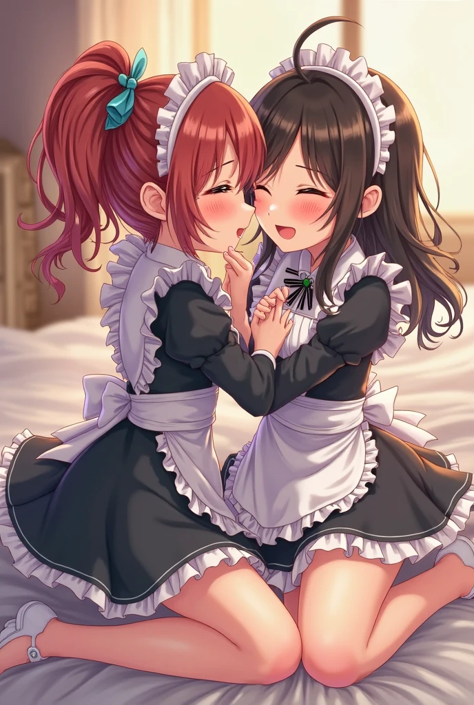 (Style-Princess) (1 man, 1 catgirl) (hetero, couple) (crossdressing, fully clothed) (brown hair, blue eyes) (portrait) (women's clothes only) (women's beautifully feminine skintight velvet floral print frilly girly pink adorable ballet leotards:1.4) (white pantyhose, no shoes) (tiaras, pink shoulder-length silk gloves:1.3) (woman's bedroom, four-poster bed) (lying down, hugging, bending knee) (intimacy, playfulness, closeness)