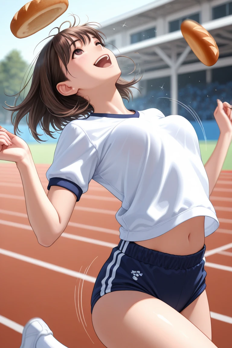 1womanl,Golden hair,14 year old beautiful breasts,(((Sexy white and blue shiny short sleeve gym clothes and shorts、Smile with open mouth)),((())),((( portlate))),Crowds,Shiny white short-sleeved gym uniform and blue pants,(Wet with sweat),((athletic field)),((see -through)),outside of house,(((clothes shiny))),Beautiful ponytail,(((Bra visible through T-shirt)))
