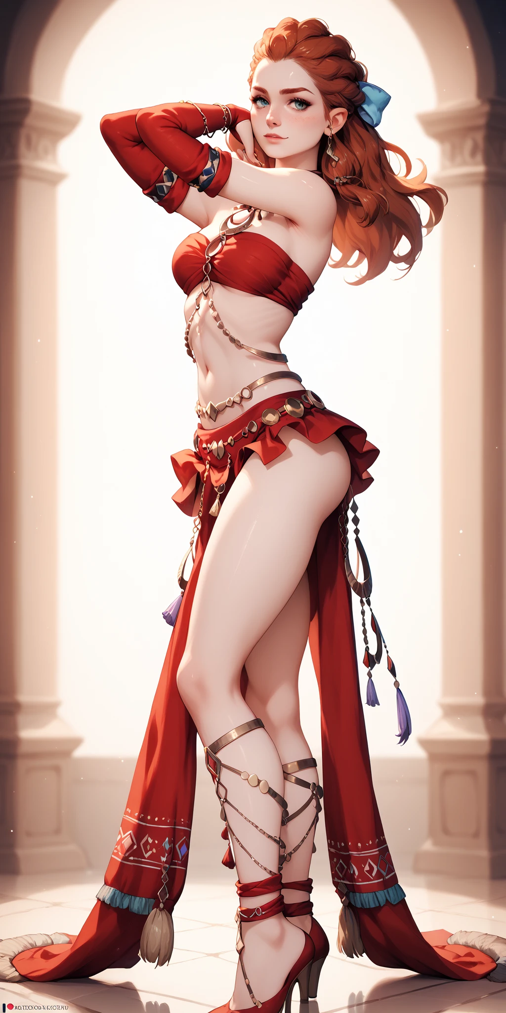  malty melromarc (butt-shaking dance)), stepping on her feet,, raising her legs, red messy shoulfer length hair, princess armor, d cup breasts.