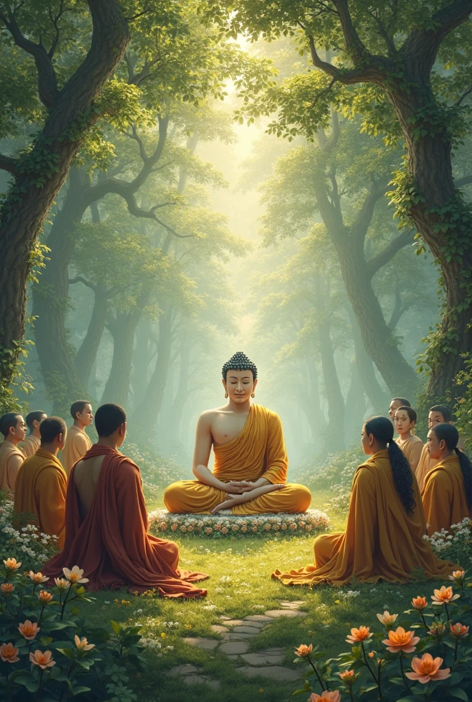 Gautama Buddha sitting peacefully with his disciples** – Buddha and his disciples engaged in meditation in a calm and serene setting.