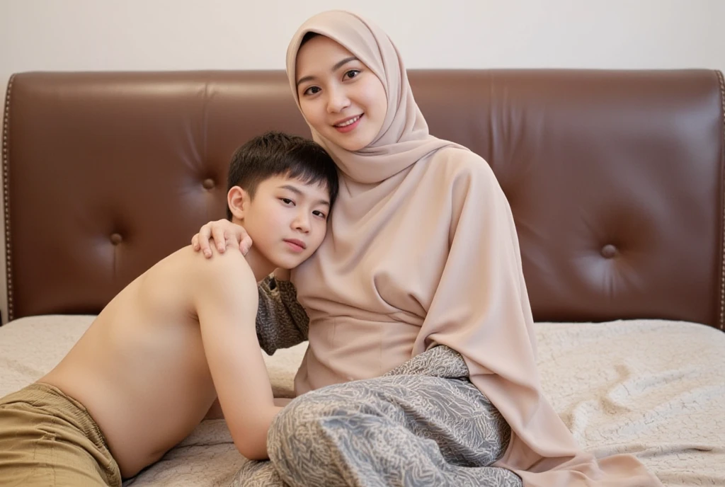 a beautiful Indonesian woman wearing a hijab, slim, 32 years old wearing a robe with the buttons open, bra visible, is making love with a 14 year old teenage boy on a bed, in a room with wooden plank walls, at night