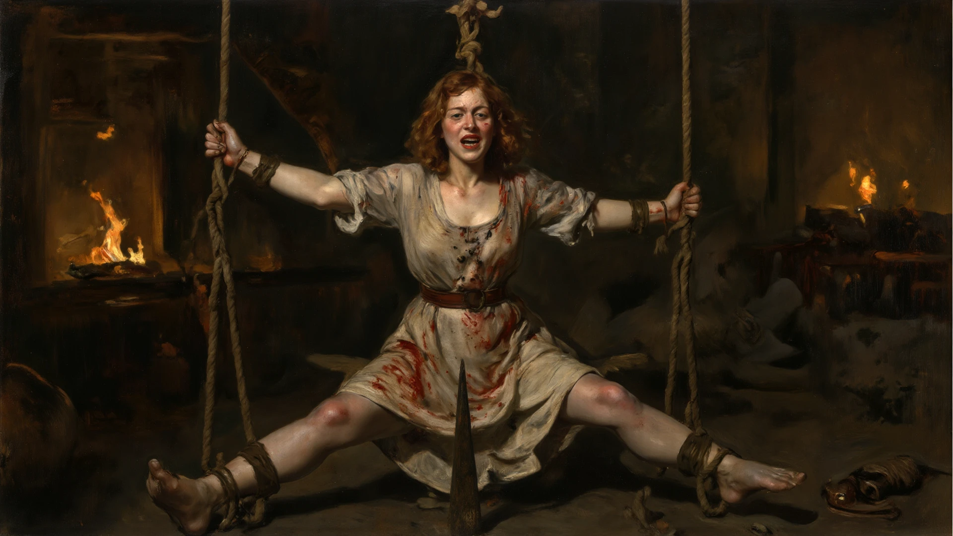 barbarian woman swing giant-two-handed-axe, naked, topless, small breasts, bloody battlefield background