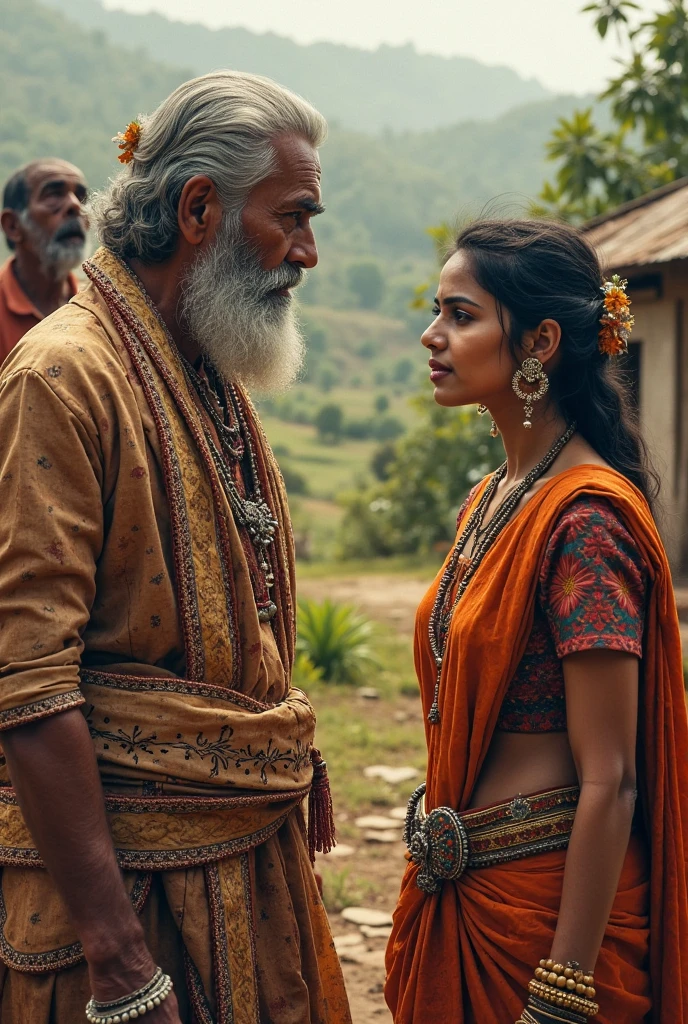 Sadhu talking a beautiful woman, both walking