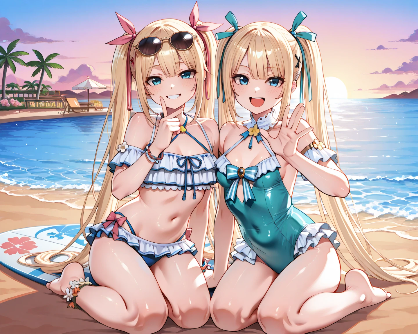 1 , breasts big, gazing at viewer, high resolution, blue colored eyes, laughter, hair blonde, very long hair, slickedback hair, Hair over the shoulder, hair wet, blushful, laughter, make-up, slightly-smile, mischievous face, ass pov, anime styling, Biquini Branco, kneeling in the sand, BLUE SKY, Sunnyday
