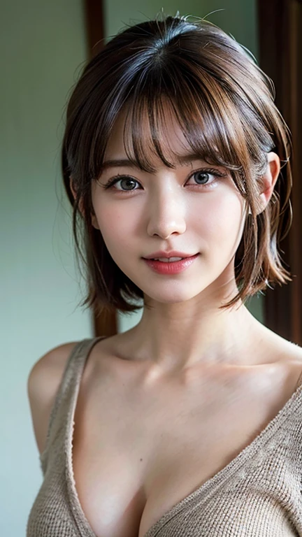 (A very cute 20 year old young woman from Japan),  ((delicate hair between brown and blonde)), ((messy side wave short hair)),(((Slender and slender body type)))，medium bust size､small breasts､ (((clean hands)))，(curly hair)，(((very kind smile))), (((she wears black lace panties)))，(((she is wearing a black knitted dress))) ((highest quality, 16k, table top: 1.3)), light shines on your face, highly detailed face, highly detailed lips, fine eyes,