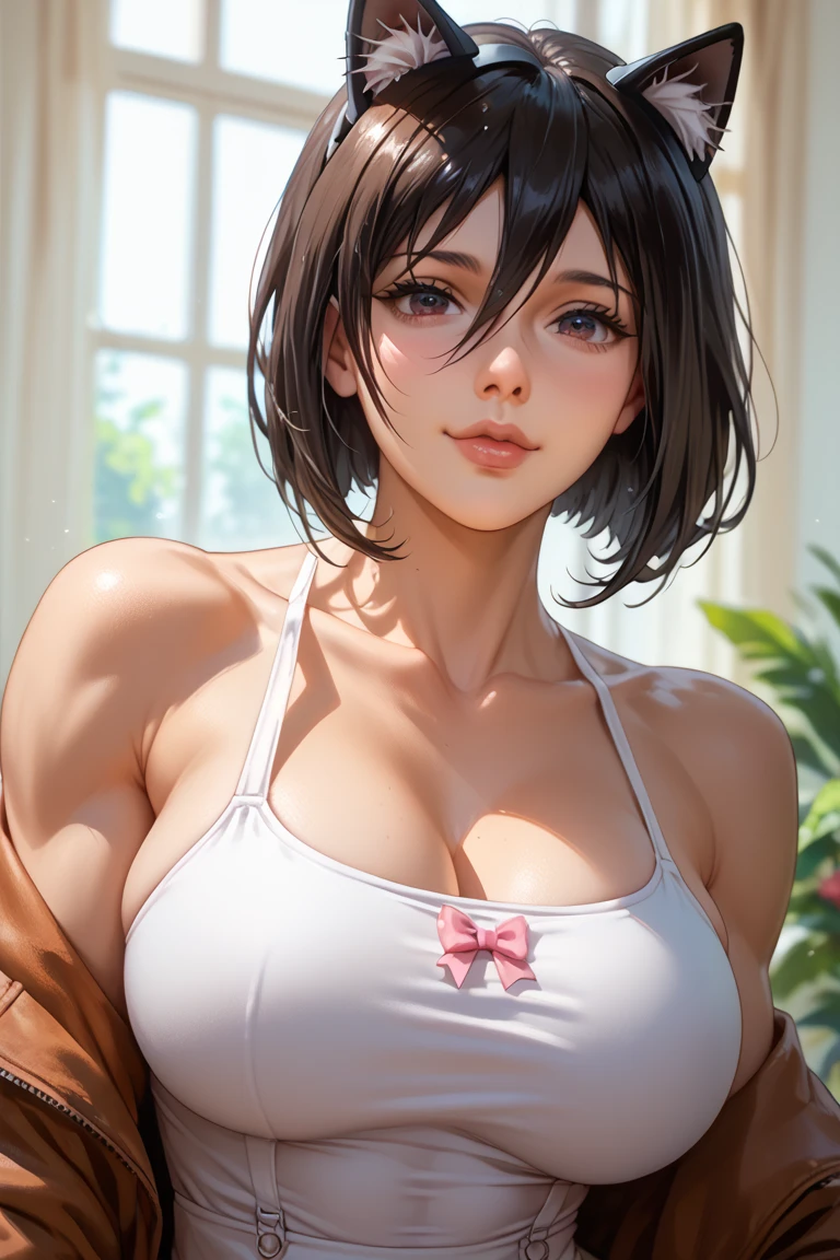 (best quality, ultra-detailed, photorealistic: 1.39), bright and vibrant colors, studio lighting, romantic expression, love smile, Beautiful Transparent blouse with visible bra underneath, white latex shorts, light fabric, undercut platinum bobcut black hair, small breasts, fit, muscular, short hair, hair on one side shaved and the other long, mercenary, front pose, cleavage