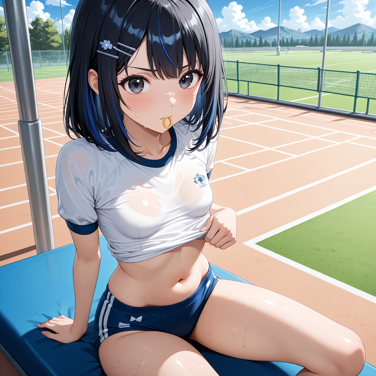 muste piece、masterpiece、highest quality、Super detailed、High resolution、8K portrait、High definition CG of Unity 8k wallpaper、cute type little:1.5、Lori:1.5、Highly detailed CG unity 8k wallpaper、Realistic、real person、 portrait photography、shiny skin、High definition、(16 years old:1.2)、(1 girl)、beautiful clear eyes、extremely detailed description、delicate face、nice lips、slender body、medium breasts、thin waist、thin legs、(Atlantic stadium track:1.6)、1 girl, cute type, perfect face, seriously, (blush:1.5),(black hair bun hair:1.3),(medium breasts:1.4),((short sleeve gym clothes:1.2)),((clothes lift:1.5)), ((half nude:1.3))),(looking at view:1.2),(from front:1.2),gran,(wearing shoes:1.2),((climax in vagina:1.5),(arms on head:1.2)
