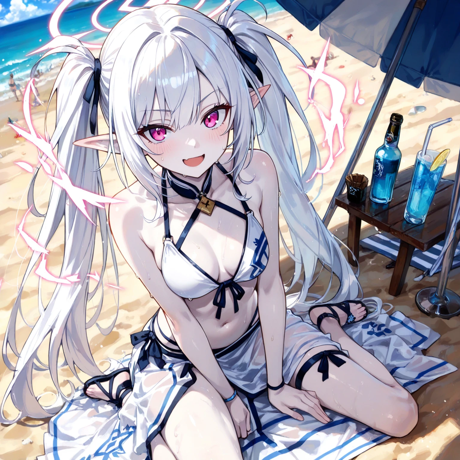 Long Hair, chest, View your viewers, blush, smile, Open your mouth, bangs, blue eyes, 大きなchest, Knee socks, gloves, ribbon, belly button, chestの谷間, Transparent swimsuit, whole body, Gray Hair, 巨大なchest, (巨大なchest: 1.8), Green Hair, horn, Pointed Ears, Blunt bangs, Raise your arms, (1People Girls), (Side tie bikini bottom), (Transparent micro bikini), ((White tiny micro bikini)), wave hands