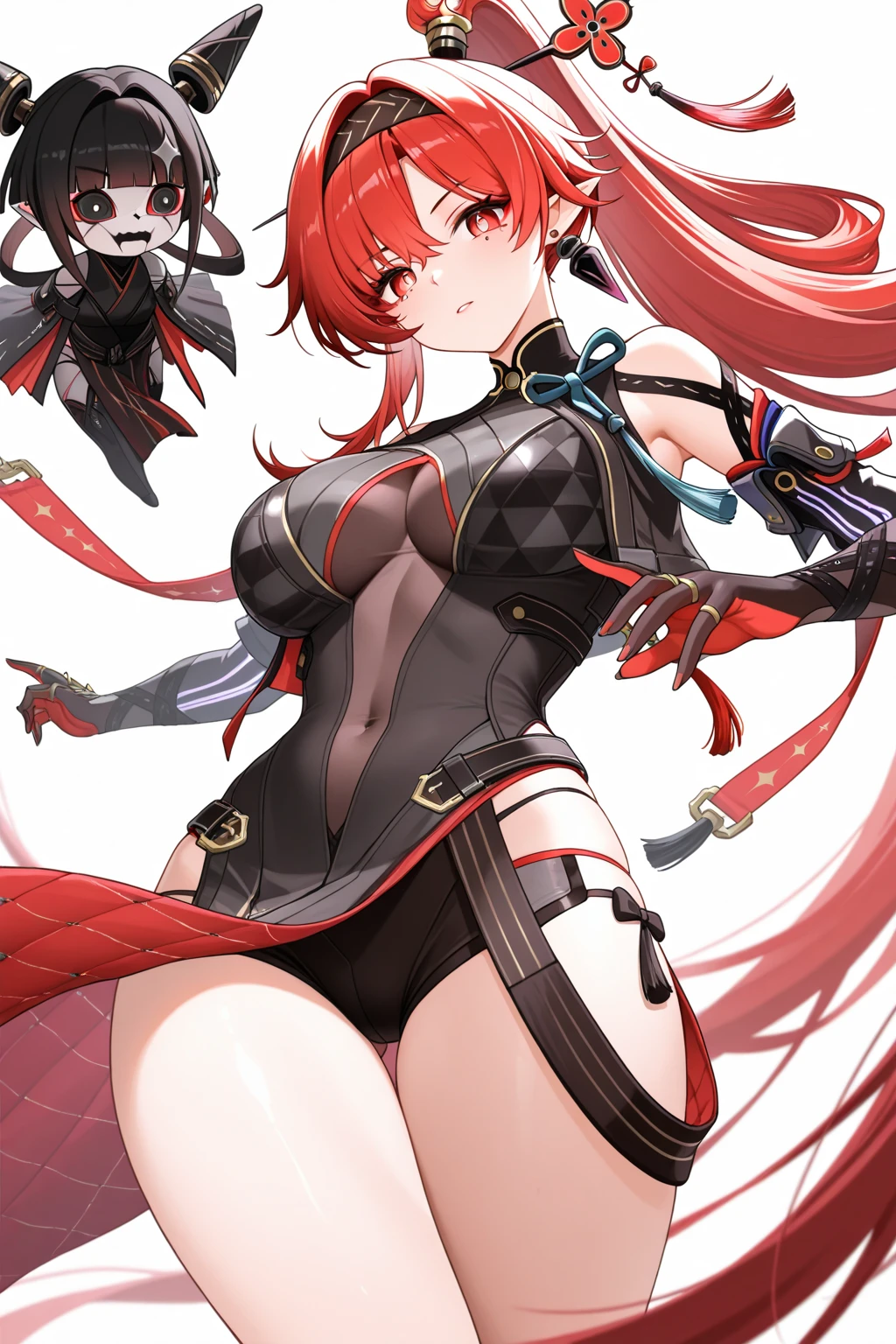 masterpiece, best quality 1girl, solo, beautiful woman, messy bangs, red hair, long hair, hair two side up by black bows , yellow eyes, angry, large breasts, toned stomach, white tank top, long black coat, figureless black gloves, black pants, fantasy looking at viewer,