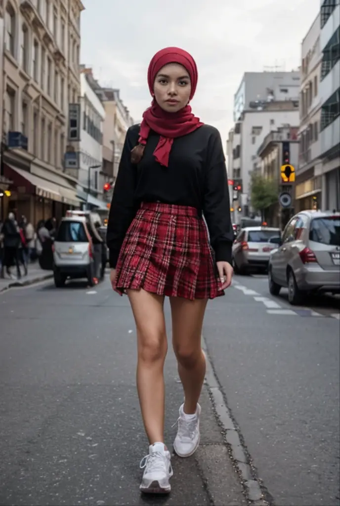 15 year old girl with black long socks wearing a hijab, mini skirt and crop top