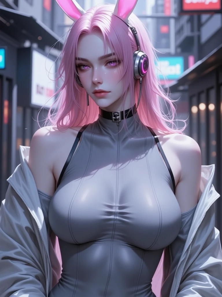 (beautiful pink devil:1.5), (carnificina:1.5),(beautiful female model:1.5), (white demon with big horns:1.25),(1 super muscular succubus with flayed skin:1.5), (covered in a thick white muscle suit:1.5), (perfect ??????? exposed:1.5), high level of detail, best qualityer, work of art, fine-details, textura de pele realista, 85 mm art lens, f1.2, sharp focus, 8K High Definition, incredibily detailed, intrikate, white background, pink hair, bright white light in the background, huge, saggy chest, beautiful face, hair blue, purples eyes, pink highlights A Cyborg demon sexy big breasts athletic body thick thighs White background white lighting robotic blackheads with red neon nafw switch