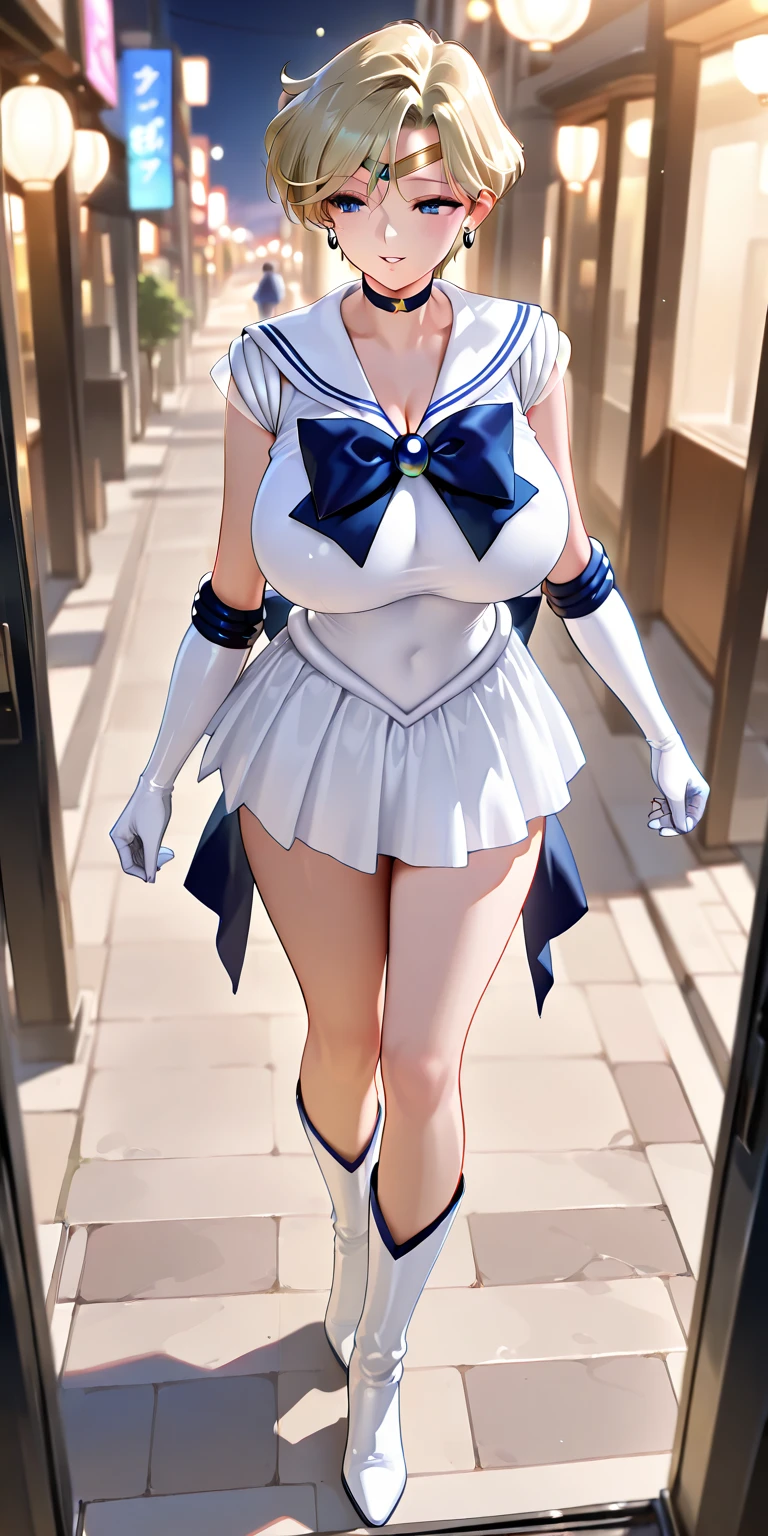 (masterpiece, best quality, ultra detailed, absurdness)1.5, 1girl, (sexy, beautiful woman, perfect face, perfect eyes, perfect female body, huge breasts)1.5, (usagi, double bun, twin tails, parted bangs, circlet, jewelry, earrings, choker, red bow, white gloves, elbow gloves, blue skirt, red boots with white trim, ), (standing on a rooftop, Japanese city in background, night sky, moonlit), perfect lighting, smooth, hud, alexis texas