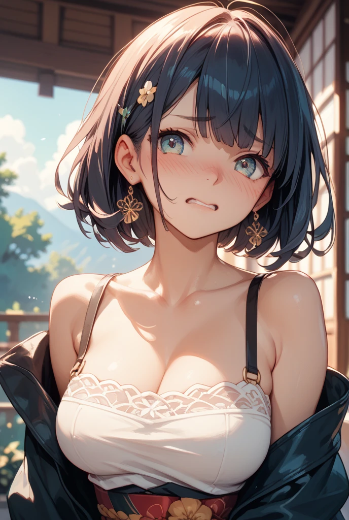 (best quality), (Super detailed), (Best Illustration), (masterpiece), (woman), high contrast, {(white bra:1.2)}, (large breasts), {brown hair, (sideburns), (bob cut:1.3), curly hair, hairs between eyes, colored inner hair}, {(detailed eyes), blue eyes}, blush, earring, wind, (country landscape)