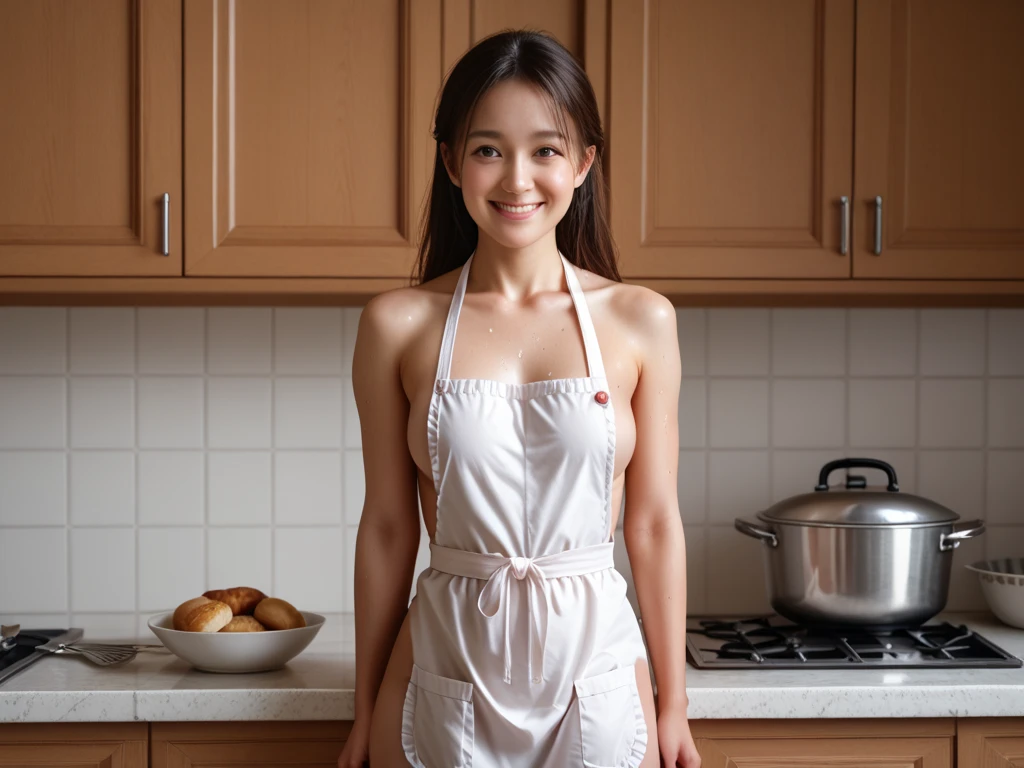 masterpiece, Highest quality, Very detailed, sexly, on the house,Naked and in apron,Japanese women、Baby Face、round face、light makeup、Sweaty、(Please show me your whole body),smile、Perfect hands、Cooking、Shoulder straps、Beautiful feet、