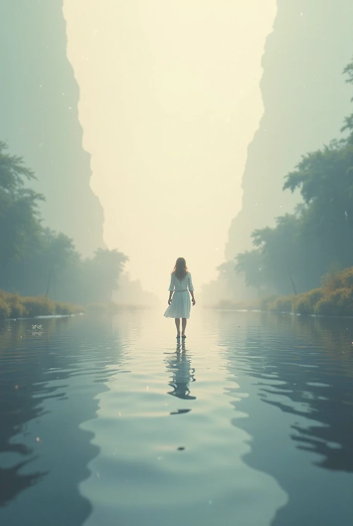 A serene scene of a woman bathing in a white robe, (far away), ((Hyper realistic:1.2)), ((early morning, foggy)), ultra detailed, realistic, 8k, (((sfw:1.4)))