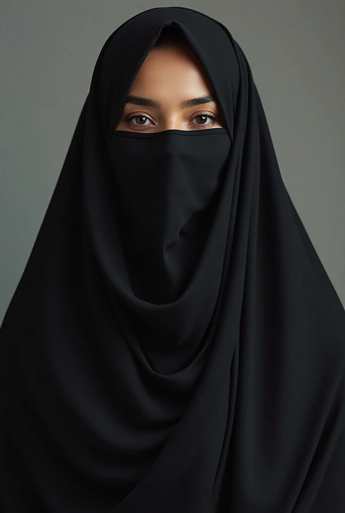 Portrait of 30 years old muslim woman wearing abaya and niqab, proper face, standing streight, frontal view, looking at camera, no facial expression, no make-up, photorealism:1.2, high detail, high resolution, 4K, UHD
