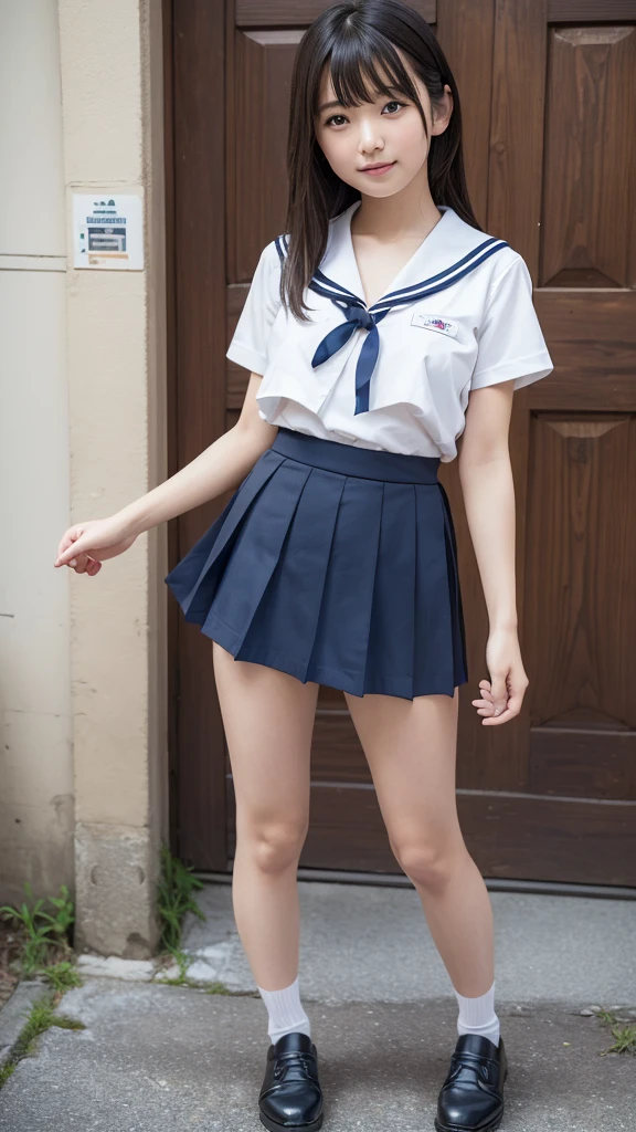 8k UHD、Digital single-lens reflex camera、High resolution、shallow depth of field、Natural light、(((sailor suit)))、(((Dark blue super mini skirt)))、(((full body shot)))、small person、(((young face)))、1 Japanese girl、16 years old; beautiful girl、(black hair)、(((brown eyes)))、Glossy skin、smooth thin hair、long hair、detailed background、highly detailed eyes and face、clear eyes、cute smile、Calm atmosphere、(((climb the stairs)))、(((detailed small breasts)))、(((beautiful eyes)))、petya pie、children `s、(((tight thighs)))、(((white panties)))、(((angle from below) ))、(((detailed lips)))、(((The skirt is fluttering)))、beautiful shining legs、((nsfw))