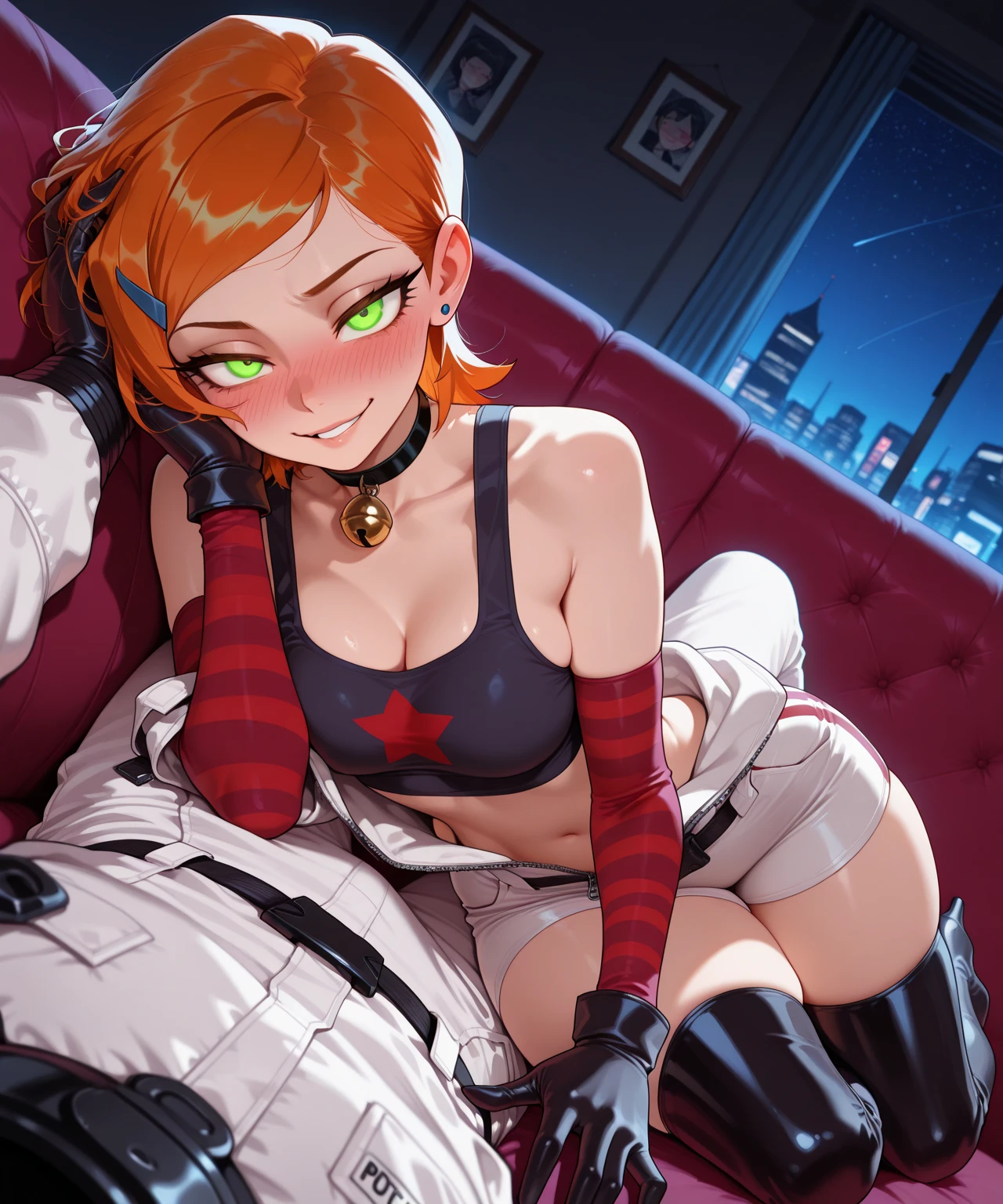 ((masterpiece, absurdres)), eggmaam, (wide hips, narrow waist, cowboy shot, facing viewer, curvy, covered breasts, orange pubic hair, pubic hair), 1girl, solo, (red lips, lipstick), detailed eyes, long hair, blue eyes, gloves, smile, white gloves, sunglasses, full lips, blue-tinted sunglasses:1.4, orange hair, large breasts:1.4, goggles on head, (no panties:1.4, indoors, laboratory, robot parts, girl on top, riding, sound lines, red jacket, white gloves:1.4, black skirt, pov, messy hair, black thigh-high boots, sex, penetration, vaginal, rolling eyes, fucked silly, hard lip biting, crossed eyed, mind break, ((multiple spoken hearts)), hearts surrounding head, steam), <lora:Biting_Lip_v13:0.7> <lora:eggmaam-000005:0.70> <lora:blushyspicy-32:0.65> biting lip, biting lips