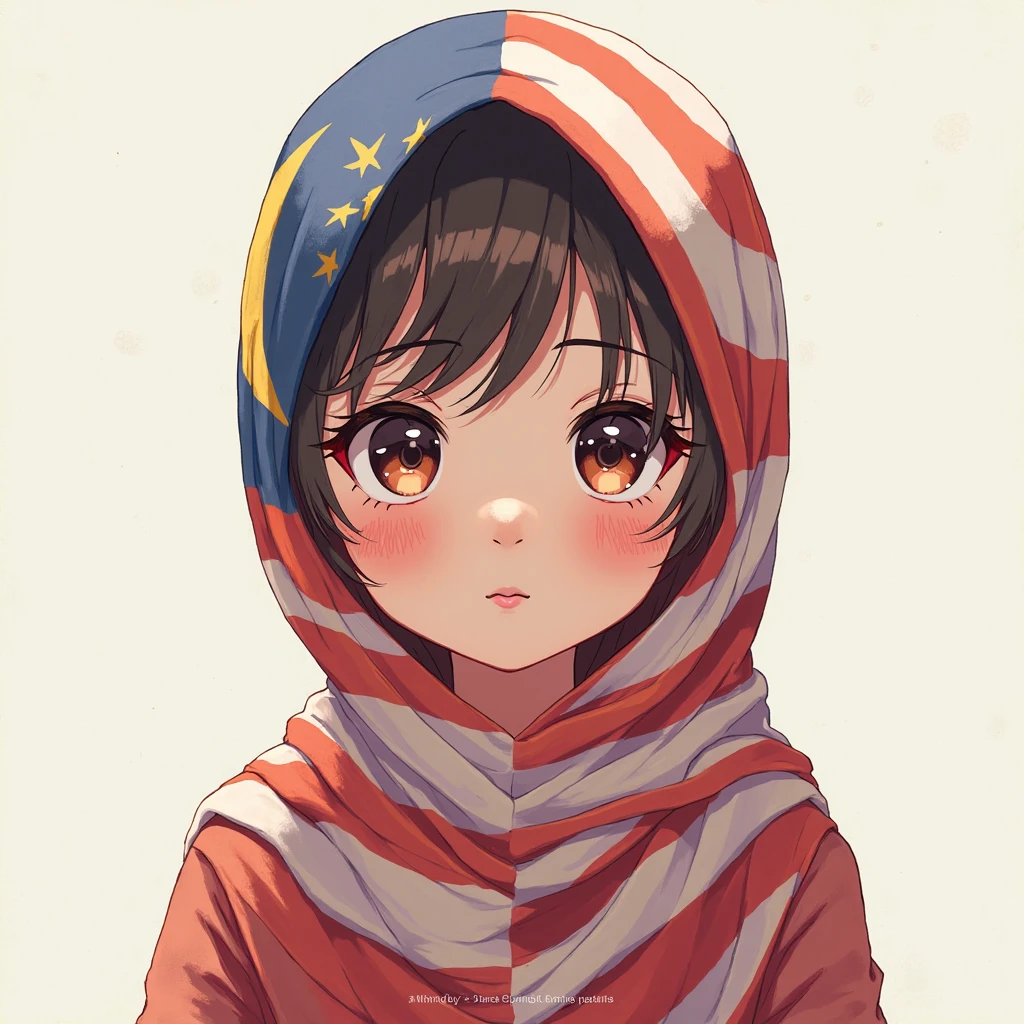 Cartoon with text: 
(Masterpiece, best quality, 4k, expressive eyes, perfect face), cute and adorable girl, little cartoon girl, (beautiful face, detailed eyes), wearing black hijab, bangs, (flat style,, hand drawn style, 2d style, Cartoon artstyle, toon style), (American flag bikini, black socks, white sneakers), ((embarrassed, blush, wind blowing up her skirt, upskirt, skirt blowing upwards, pulling down her skirt)), (full body view, standing, Side view), ((perfect body anatomy, perfect legs, perfect posture)), 