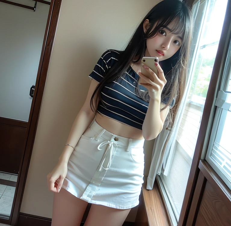 (8k、born、Professional、Highest quality、masterpiece:1.2)、(Genuine、Realistic:1.37)、Very detailed、(Portrait of a Woman No. 1)、(expensiveest Detail Skin:1.2)、(expensiveest detail face:1.2)、1 Female、1、(View your audience)、Black Hair、Long Hair、expensive 、The wind blew up her pleated miniskirt., Revealing white lace panties