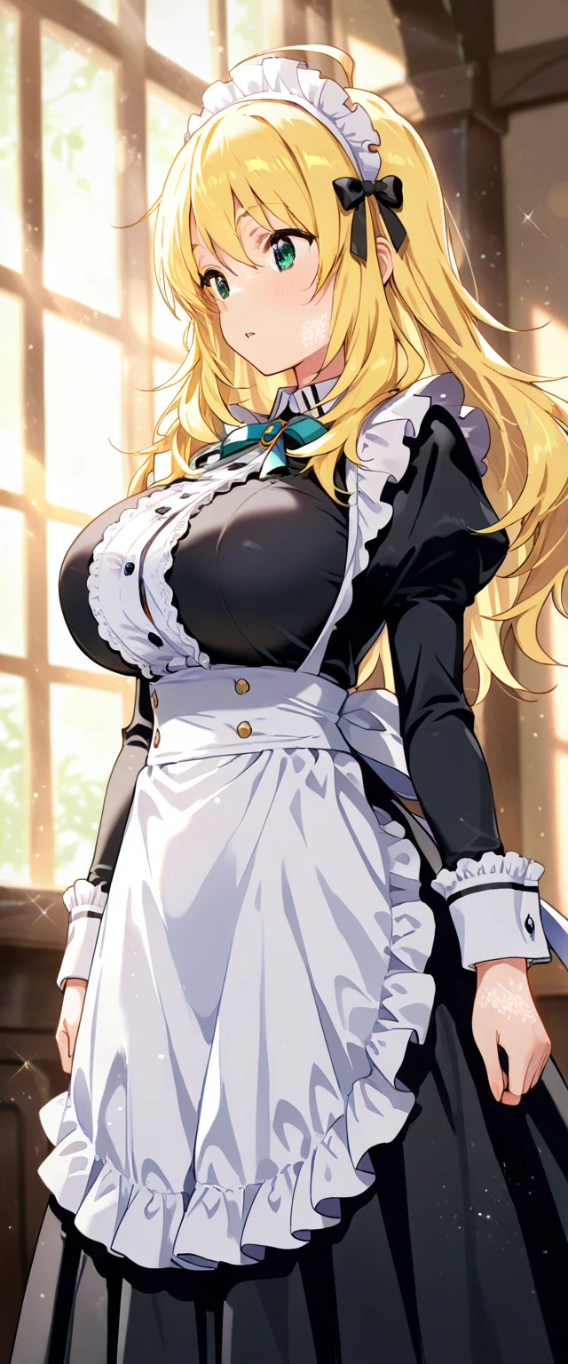 (Solo:1.2), aether, 1girl, gender swap, female version of Aether, blonde hair, yellow eyes, hair between eyes, long hair, braid, big breasts, strapless maid uniform, maid apron, cleavage, leather shoes, holding a duster
