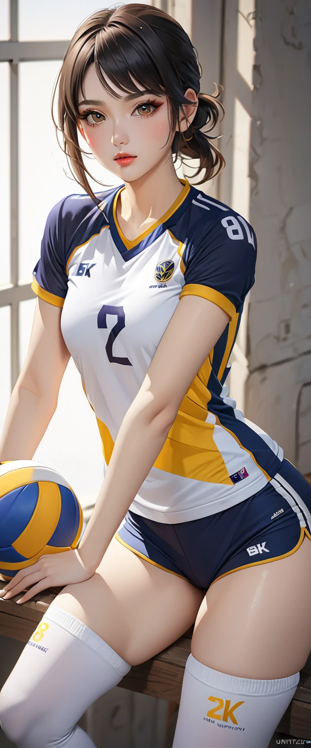 8k, RAW Photos, highest quality, masterpiece, Realistic, Photorealistic, (1 Ultimate beauty), 20years old, Highly detailed face, (Perfect Teeth), Detailed eyes, double eyelid, eyelash, Grin, Lip details, brunette bob, small Breasts, ((blue Japan_national_team volleyball_uniforms)),Soft Light, ((Written boundary depth)) 、Shot in the back、Total、Stick your butt out、With legs open、Slender body、Inverted nipples, volleyball coat,