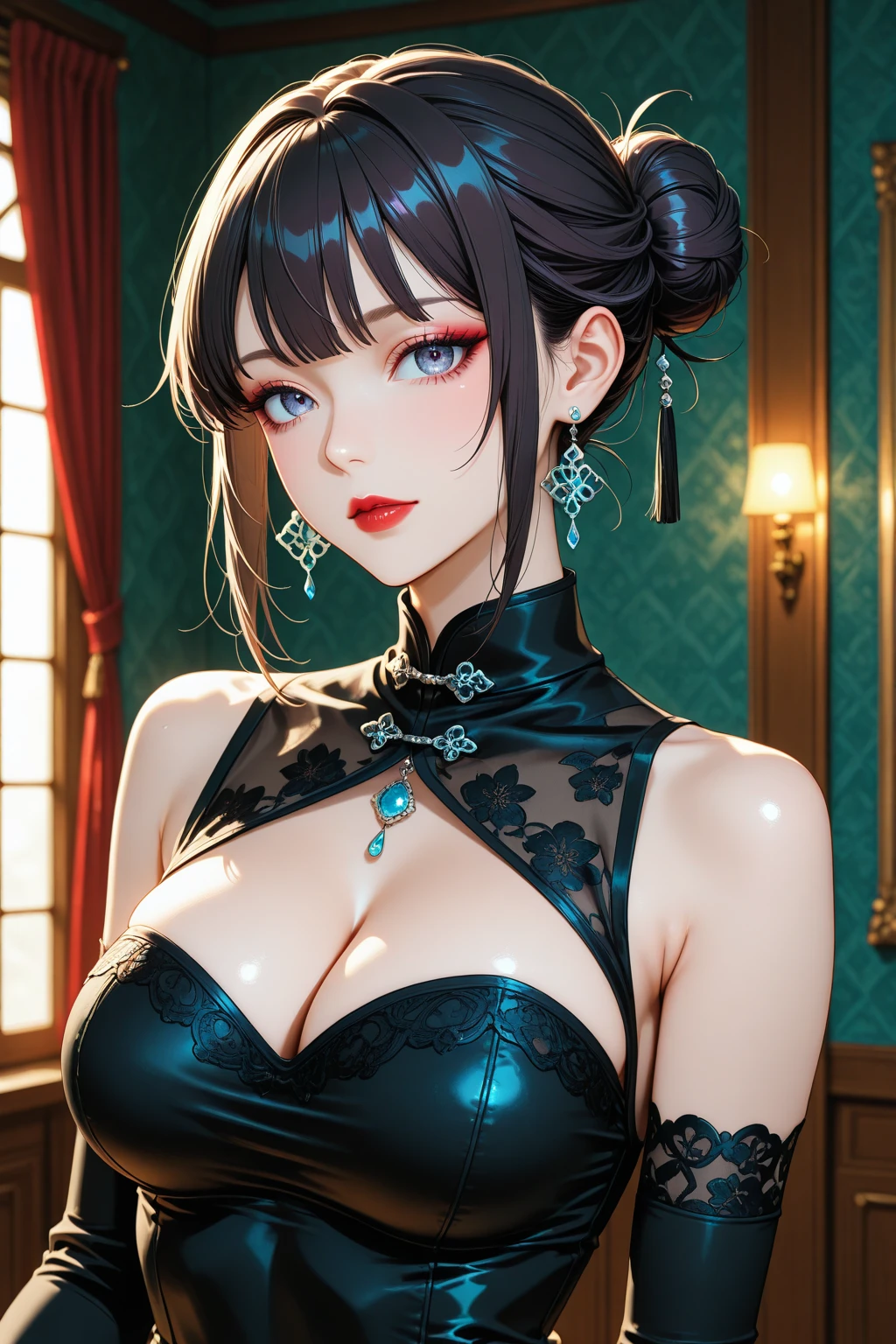 (high resolution, upper body, soft skin:1.2),(best illustration,masterpiece:1.2),ultra-detailed,[(cat ears , black inside:1.2, black ponytail hair, gold cat eyes),vivid colors,sharp focus,studio lighting,bokeh, wearing a gold qupao, full body portrait