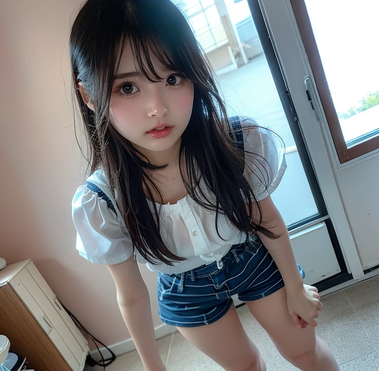 Masterpiece、Japanese,Subjective、Beautiful girl at 6 years old:1.85,Baby Face:1.85、Ultra-flat chest:1.85、Ultra short height、M-shaped foot:1.85、Sleep on your back、An innocent smile,cute,Primary school students,フリルとリボンの付いたPrimary school students用ランジェリー:1.85、clavicle、Black Hair、Nipples are visible:1.85、On the crib:1.85、Childish、Missionary pose:1.85、Please spread your legs as far as possible