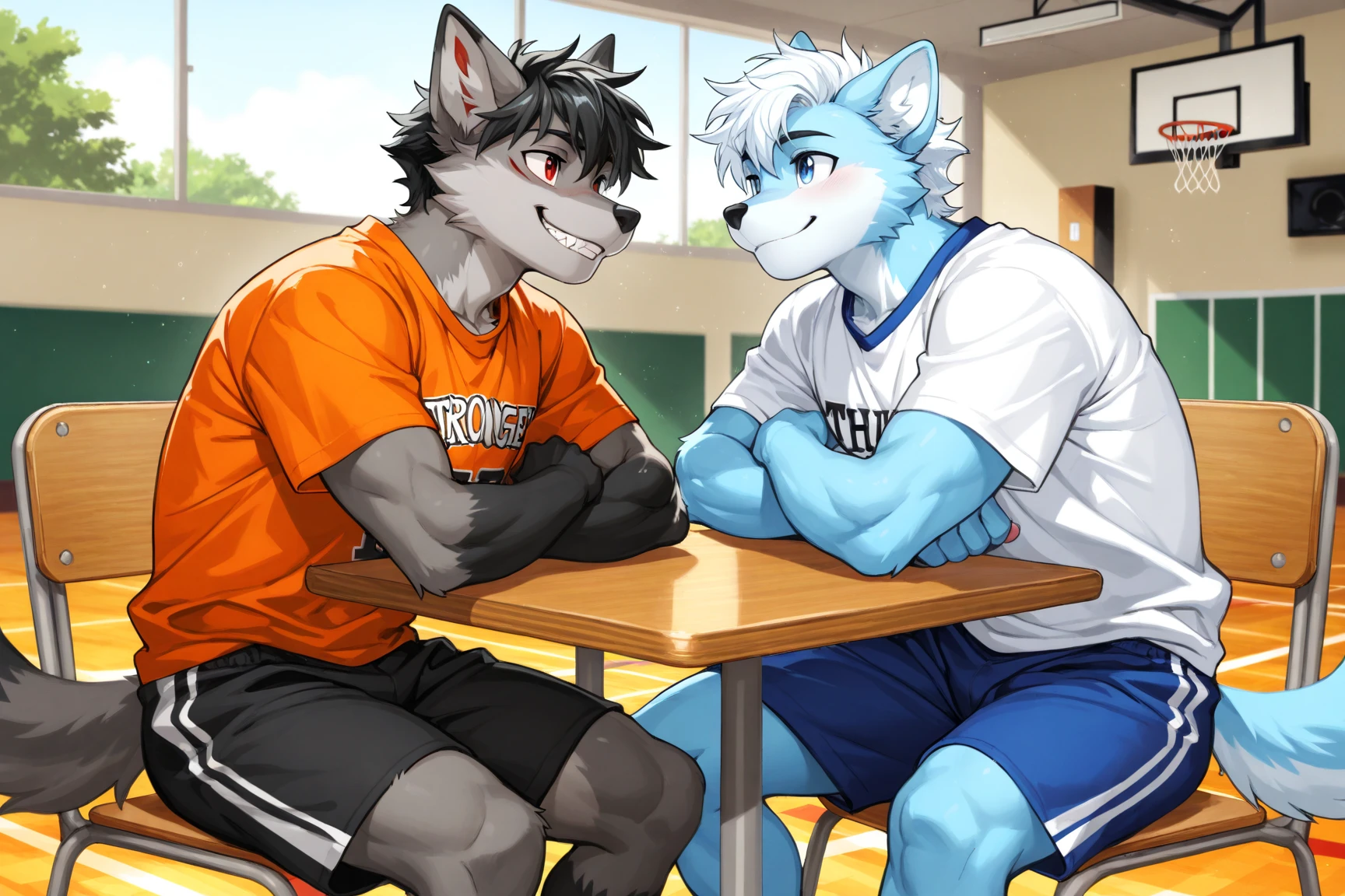 male wolf, duo, sitting, arm wrestling at a table, feral, angry, smirk, shirtless, ripped jeans