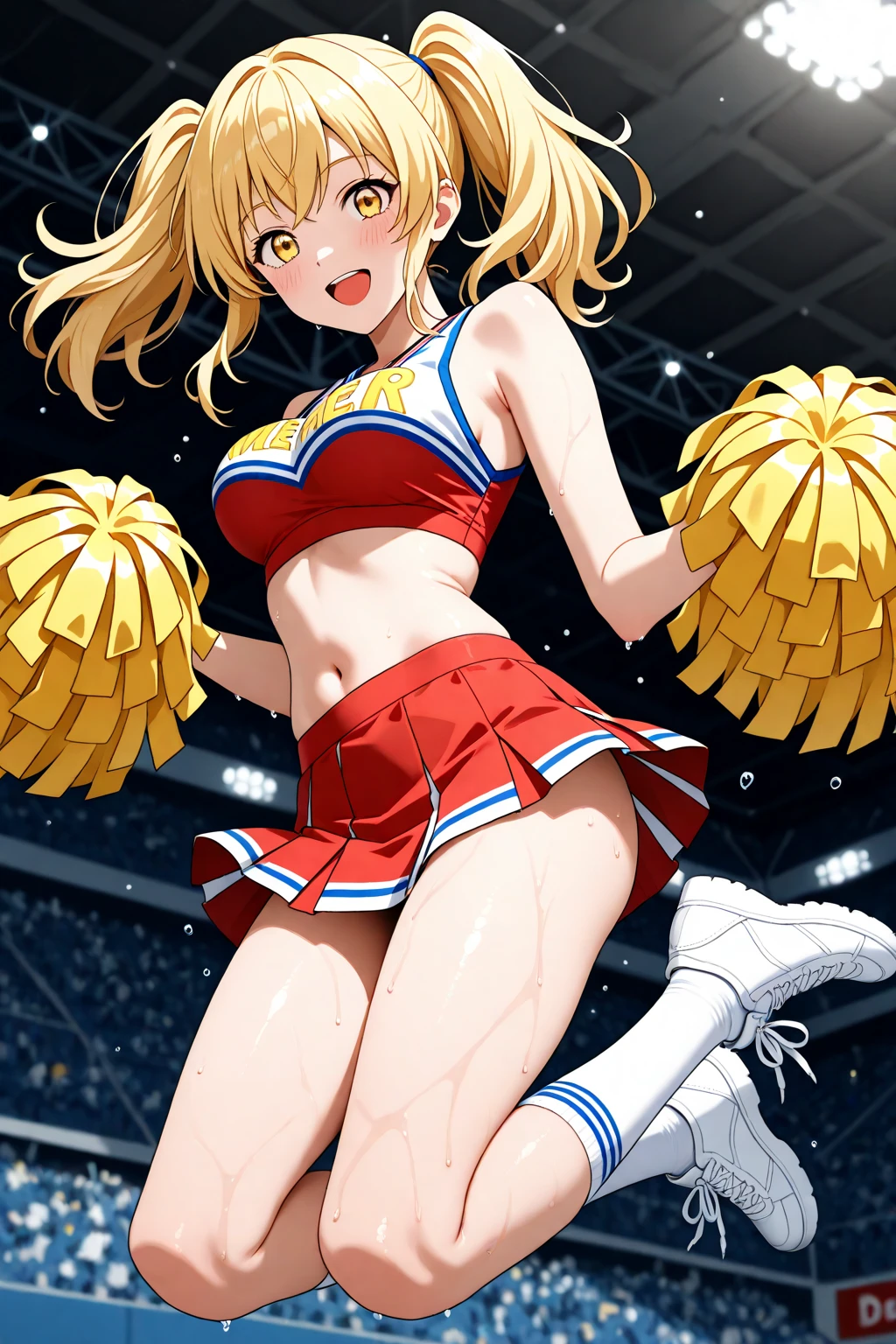 masterpiece,best quality, ultra-detailed,1girl(sakurai momoka, lovely small breasts, glow skin, wavy hair, long hair, blonde hair, headband, pink flower in hair,green eyes),smile, glow lips, nose blush, blush, facing viewer, looking at viewer, solo, cheerleader,red tank_top, underboob , breasts , navel, red pleats skirt, ultra mini skirt, white thighhighs, field, standing, Sexy waist teasing, spread arms,a provocative pose