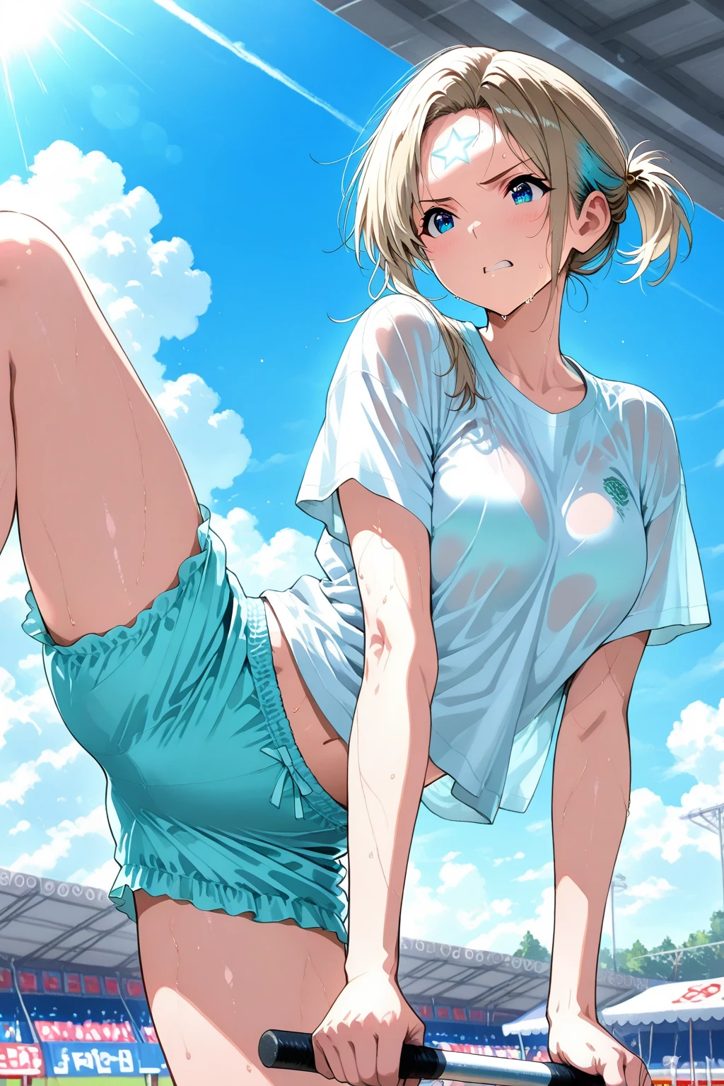 On a date、1 female,The perfect 20 years old,gal,((ideal ratio body proportions:1.3,small head:1.7)),tan skin,(((high quality anime, 8k,masterpiece,Perfect Anatomy))),cowboy shot,(beautiful detailed face and eyes,gorgeous eye:1.3),  BREAK  ,brown eyes,  BREAK  ,blonde hair,short bob hair,bangs,  BREAK  ,shy,blush,small breasts,slender body,toned body,skinny,sweat,  BREAK  ,oversized white t-shirt,Long sleeve、bottomless,black sports socks、White panties、Stuffy crotch、White sneakers,　BREAK   ,sitting,spread legs,A simple bench、garden、sunset、