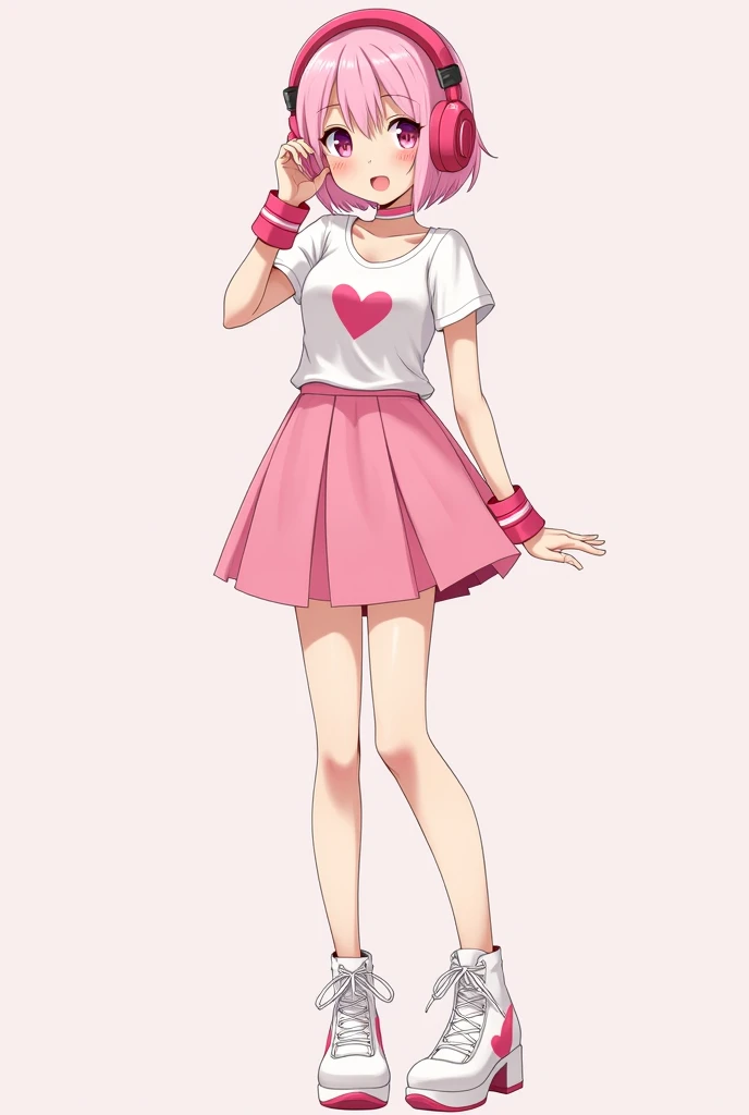 An 18-year-old girl in a short pink skirt with white stripes,a white top, a squeaky haircut , pink hair , slim build , flat chest , medium ass , hovers in the center , on a white background