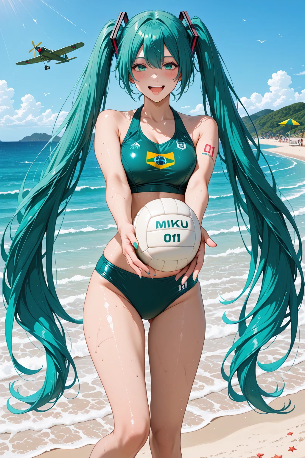 ,masterpiece, best quality, photorealistic, yujiasuit, yoga sports bra, yoga pants, 1girl, solo, , yoga ball, pants, looking at viewer, smile, green sports bra, simple background, , midriff, long hair, breasts, green pants, sportswear, tank top, upper body,gren hair,green eyes
