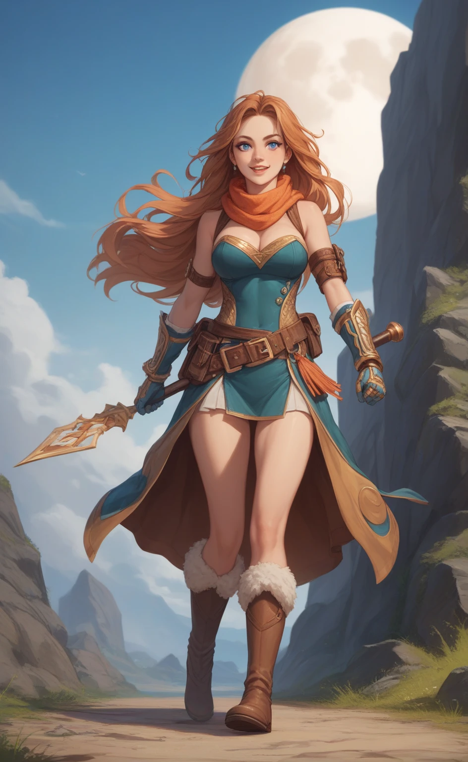 masterpiece, best quality, <lora:lomimu-nvwls-v1-000009:0.9> lomImu, hair ornament, halterneck, criss-cross halter, dress, detached sleeves, jungle, boots, walking, wide shot, looking at viewer, smile, cliffs