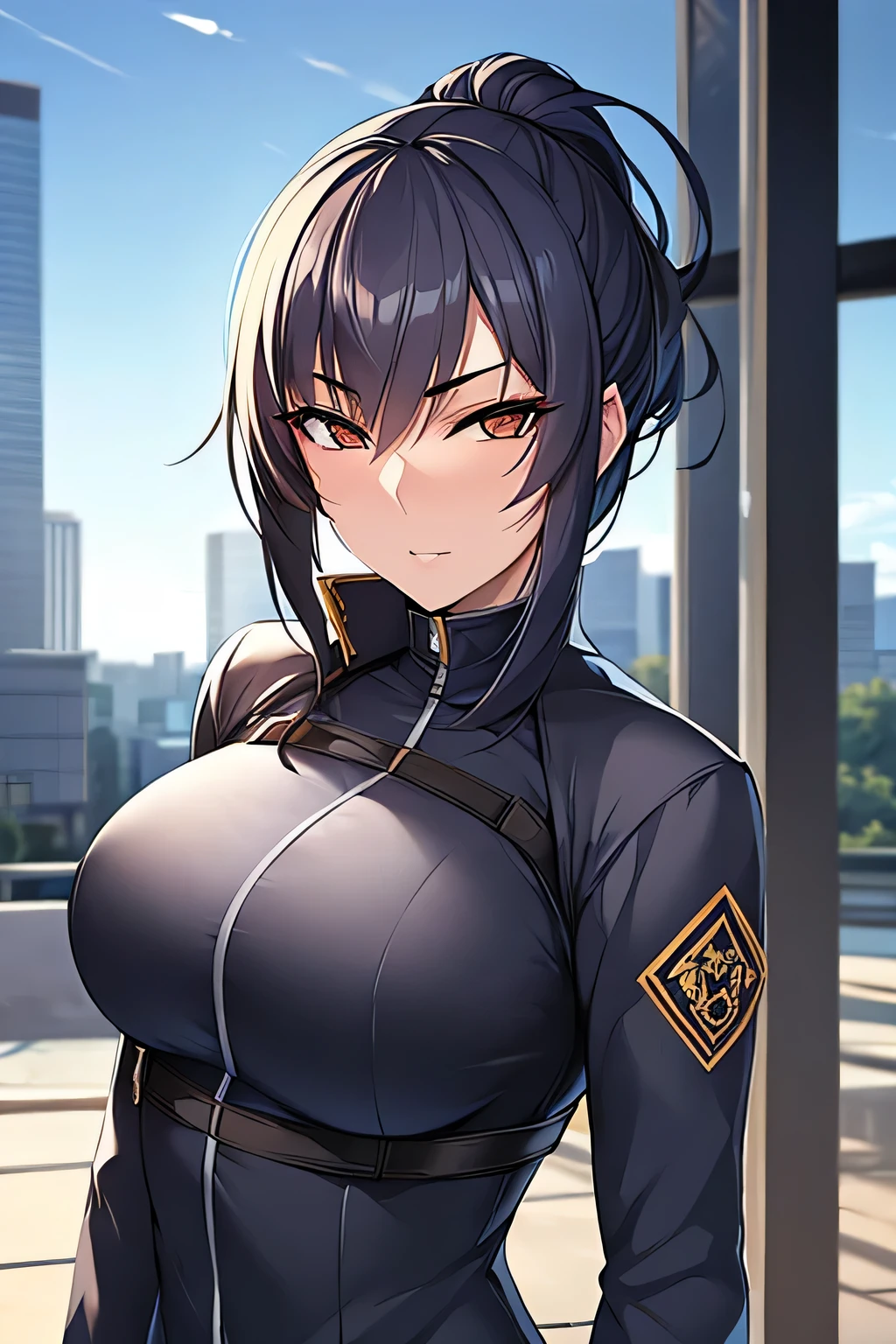 professional artwork, Intricate Details, field of view, sharp focus, detailed painting, photorealistic lighting, trending on pixiv, Standing at attention, black outfit ,yellow collared shirt,black and red bodysuit,skin_tight,black legwear, black pantyhose, Side_boob, black hair,very long hair, Bangs,yellow eyes,makeup, lipstick, 20yo,mature female,Beautiful Finger,Beautiful long legs,Beautiful body,Beautiful Nose,Beautiful character design, perfect eyes, perfect face, looking at viewer, NSFW,official art,extremely detailed CG unity 8k wallpaper, perfect lighting,Colorful, Bright_Front_face_Lighting, (masterpiece:1.0),(best_quality:1.0), ultra high res,4K,ultra-detailed, photography, 8K, HDR, highres, absurdres:1.2, Kodak portra 400, film grain, blurry background, bokeh:1.2, lens flare, (vibrant_color:1.2) (Beautiful,large_Breasts:1.4), (beautiful_face:1.5),(narrow_waist), (solo:1.4), ((landscape dimension)), annerose, classroom