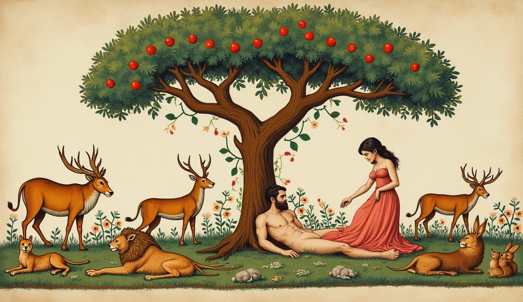 Create a realistic visual composition that shows Adam and Eve surrounded by lush vegetation and peaceful creatures. Use warm and soft colors to convey the serenity of paradise. Experiment with lighting to highlight the beauty of the garden they are in. Apply selective focusing techniques to make Adam and Eve the focal point of the image. Use low angles to give Adam and Eve a sense of grandeur in their surroundings. Infuse the image with a calm and harmonious atmosphere that reflects the relationship between Adam and Eve. Inspirado en el realismo de artistas como Leonardo da Vinci, Aim to capture every detail accurately. Combine AI imaging technology with classic painting techniques for a unique style. Generate an image that resembles a snapshot of a paradise world, Lograr un alto nivel de realismo.