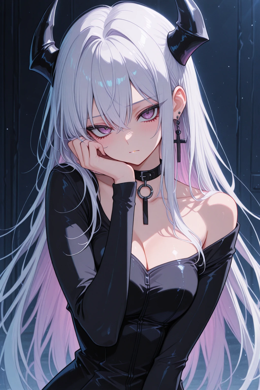 Silver hair, pink eyes, body, cat ears, sexy girl, earrings, heart background fantasy 