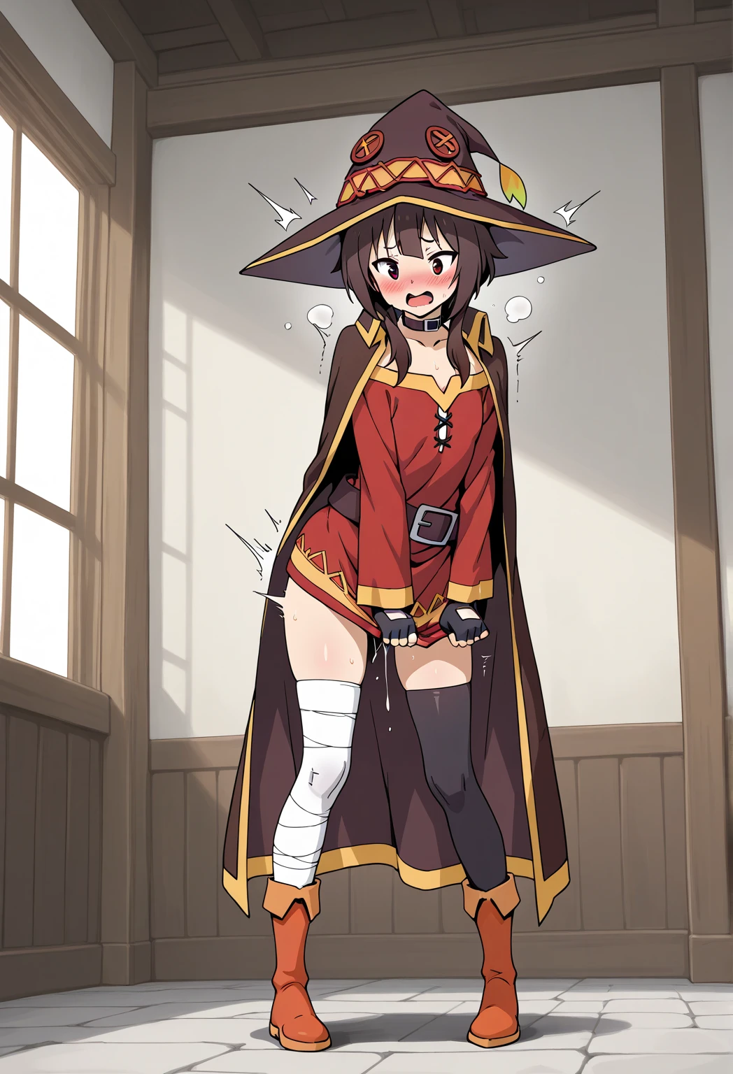 bunbun masterpiece, highest quality, Megumin,sexual behavior, 1 girl, naked shoulders, black cape, black gloves, black hair, cape, choker, clavicle, dress, hair between eyes, have, long sleeve, looking at the viewer, medium hair, off-shoulder dress, off shoulder, red dress, red eyes, side lock, alone, witch have, indoors,(masterpiece), delicate, very detailed, (watercolor), bloom, shape, (bottom up), (1 girl:1.4), (Tie with rope alone:1.5), (beautiful eyes, shining eyes, purple eyes), (fluffy hair), photo shoot, studio quality, fisheye lens, (highest quality, dazzling light, blushed, face of joy, It was fun, shiny skin, Super detailed), ( naked 、thighs,Breasts butt, butt, from below, Black panties, small panties, show something strange), sexy, (detailed background, complex background, Japanese-style house, Japanese atmosphere), phRem, blushed, (perfect face, detailed face, fine eyes,perfect hands,perfect fingers), cowboy shot, ((8k wallpaper))((panties:1.8))((cleavage:1.8))((thighs:1.8))((Open your legs to the sides:1.8))((pee:1.8))((:Grabbing nipples with hands 1.8))