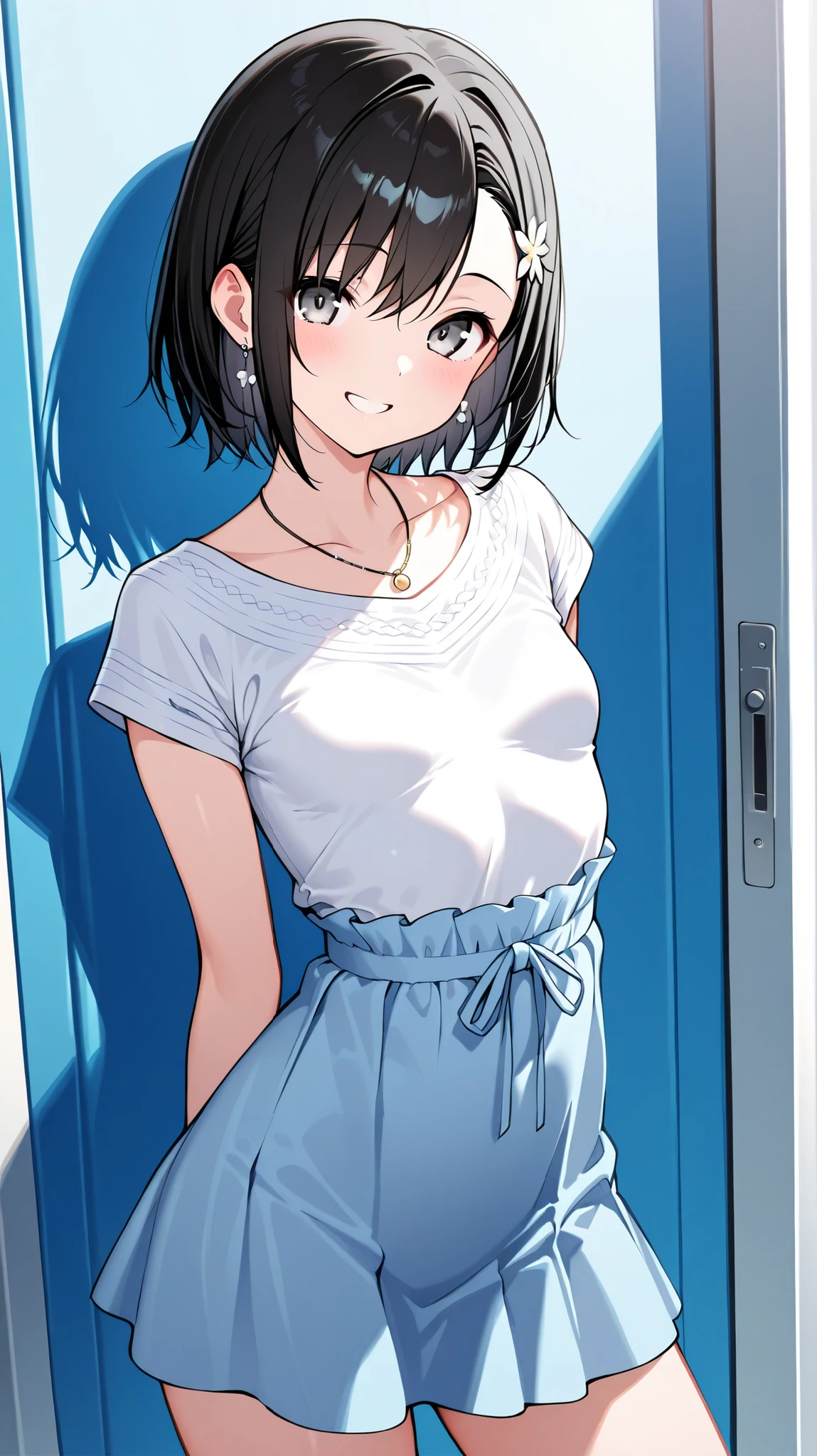 1 girl, next to a two-sided door, house, black hair, brown eyes, wearing plain white shirt, denim shorts, high res, ultrasharp, 8k, masterpiece