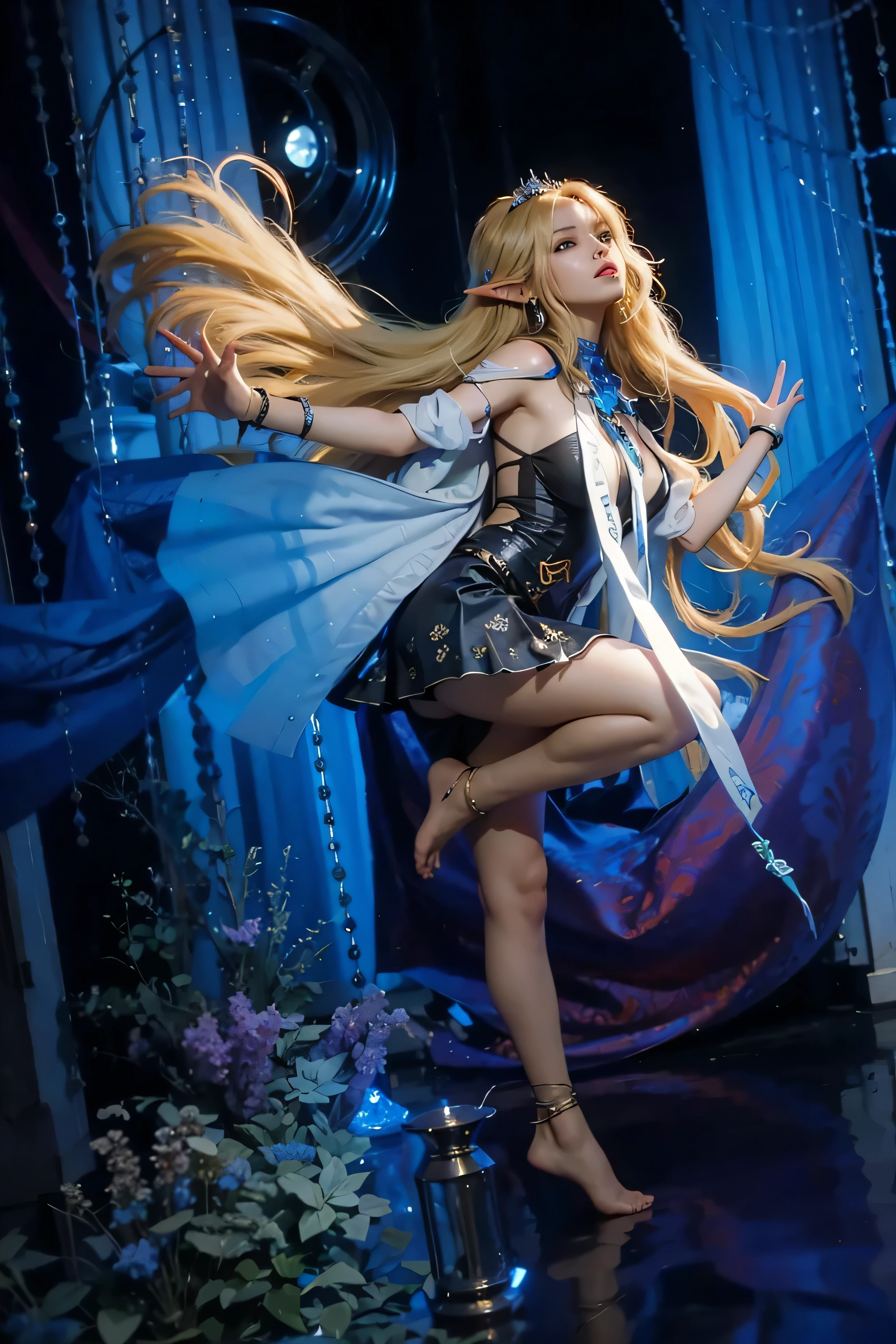 ((CARTETHIYA_WUTHERING WAVE)) ((photorealistic)),(highlight hair)), Light reflection, (( HD )),((upper body)), (((best quality, masterpiece))), (masterpiece) (best quality) (detail) (8k) (HDR) (wallpaper) (cinematic lighting) (sharp focuasterpiece, best quality: 1.1), Real life adaption of this character, realistic outfit, realistic shadow, realistic light, realism, hyper realistic, realistic background,realistic hair,(photorealistic:1.2), (masterpiece: 1.2), (best quality: 1.3), (clear details: 1.3), ((((ultra-detailed)))), ((detailed eyes)), (extremely detailed face:1.4), (highly detailed eyelash:1.6), (Masterpiece, Best quality, best shadow), (detailed background),(masterpiece, best quality:1.2), best resolution,masterpiece,masterpiece, best quality, highres, 4k, 8k, intricate detail, cinematic lighting, amazing quality, amazing shading, soft lightingmasterpiece, best quality, score_9,score_8_up,score_7_up,score_6_up,
cartethyia, multicolored eyes, bright pupils, blonde hair, long hair, loosely tucked bangs, hair behind ear, parted bangs, sidelocks, crown of thorns, multiple earrings, blue earrings, tacet mark, braid, undersuit, stole, detached sleeves, bracelet, strappy heels, single anklet, toe ring, fleurdelys, multicolored eyes, bright pupils, colored inner hair, gradient hair, blonde hair, aqua hair, long hair, wavy hair, hair over eyes, eyes visible through hair, single horn, tacet mark, spiked halo, multiple earrings, floating earring, breasts, undersuit, stole, high-low skirt, single anklet, bare feet, single pauldron, single vambrace, single gauntlet, black hands, colored extremities Elf ear studs, loose hair,",(Perfect hands perfect anatomy)