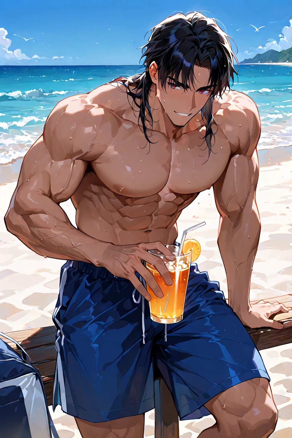 best hands,best quality,(masterpiece:1.1576), (ultra detailed 8k art:1.05),1 male,(black hair, buzz cut:1.2),(drink 1 beer,Sweatt,1 beer mug,blue eyes),close-up 1 male, dark skin, (Hawaiian shirt,He has 1 sunglasses on his head:1.5),cowboy Shot,smile,fresh,outdoor,beach,looking the viewer BREAK
shirt fully unbuttoned,shirt wide open,open legs,white bikini,yellow Beach Umbrella, Adirondack Chair,(crowded beach with people in swimsuits:1.2)