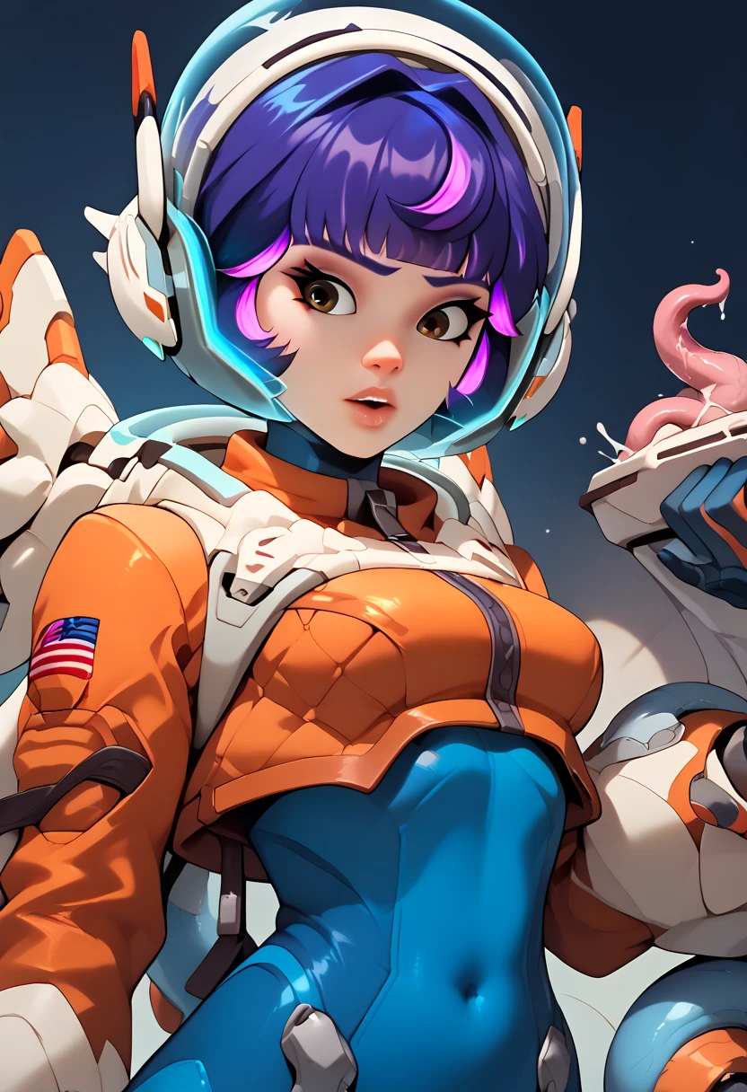 Juno, overwatch 2,purple hair, multicolored hair, short hair, bangs, streaked hair, pink hair, brown eyes, , space helmet, spacesuit, blue bodysuit, cropped jacket, multicolored gloves, orange jacket,tntclesx, tentacle sex, all holes filled